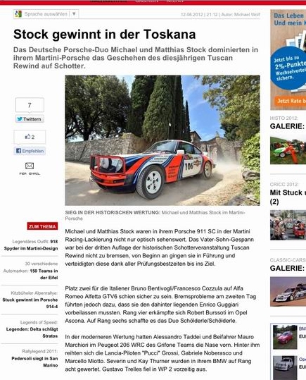Bericht von der Internetseite rallye-magazin.de über den Gesamtsieg von Michael und Matthias Stock auf der Tuscan Rewind Rallye 2012.